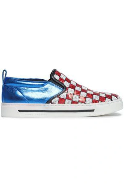 Shop Marc Jacobs Woman Sequin-embellished Smooth And Metallic Cracked-leather Slip-on Sneakers Red