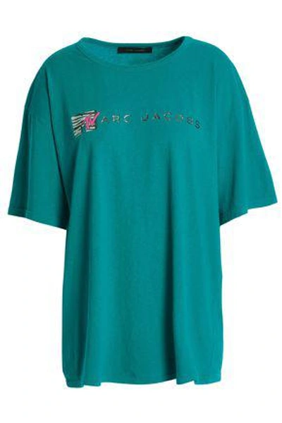 Shop Marc Jacobs Woman Glittered Printed Cotton-jersey T-shirt Turquoise