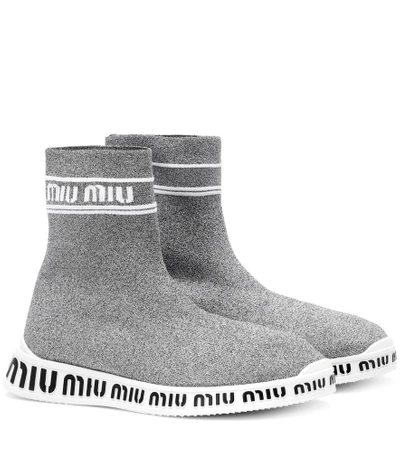 Shop Miu Miu Logo Sock Sneakers In Silver