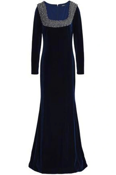 Shop Badgley Mischka Fluted Embellished Velvet Gown In Navy