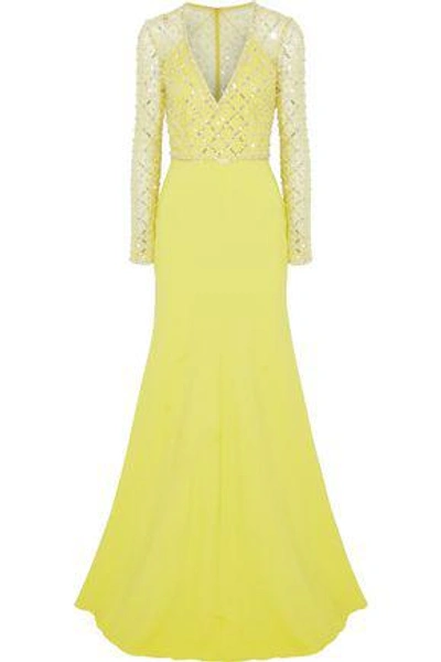Shop Jenny Packham Woman Embellished Tulle-paneled Cady Gown Bright Yellow
