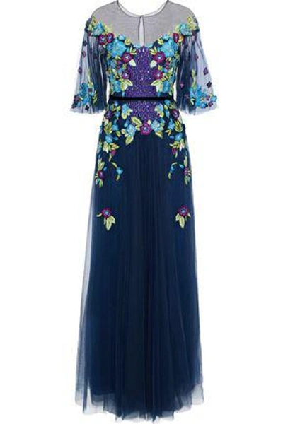 Shop Marchesa Notte Grosgrain-trimmed Embellished Tulle Gown In Navy