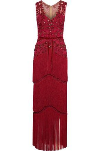 Shop Marchesa Notte Woman Fringed Embellished Tulle Gown Crimson