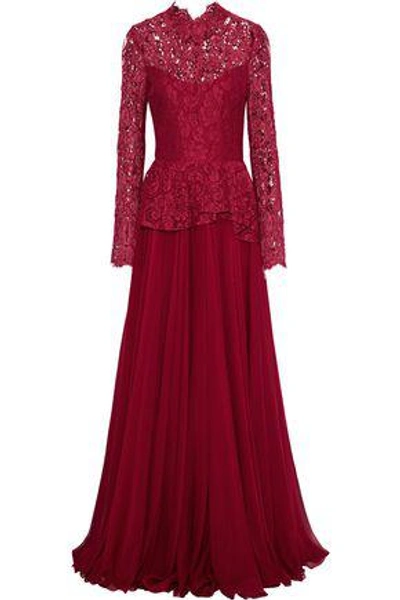 Shop Reem Acra Woman Cotton-blend Corded Lace-paneled Chiffon Peplum Gown Claret