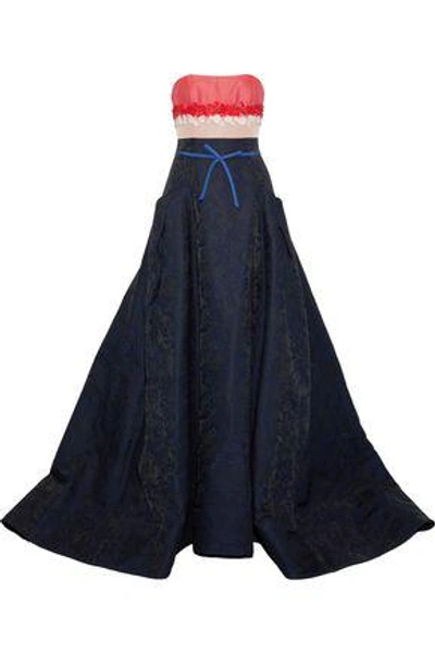 Shop Carolina Herrera Strapless Floral-appliquéd Woven, Faille And Jacquard Gown In Midnight Blue