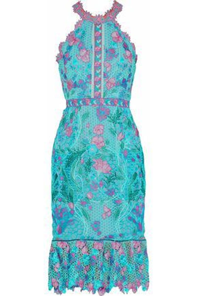 Shop Marchesa Notte Woman Guipure Lace Halterneck Dress Turquoise
