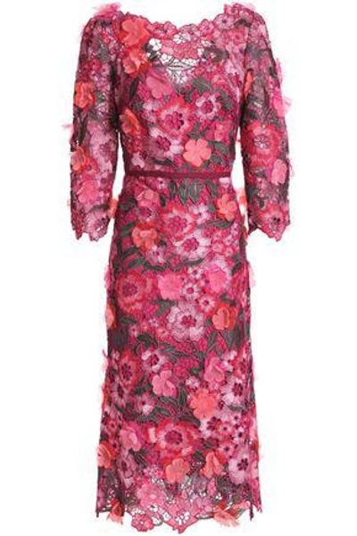 Shop Marchesa Notte Floral-appliquéd Metallic Guipure Lace Midi Dress In Fuchsia