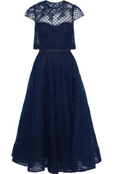 Shop Marchesa Notte Woman Layered Embellished Tulle Maxi Dress Navy