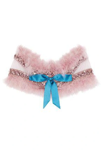 Shop Reem Acra Faux Feather-trimmed Embellished Tulle Shrug In Blush