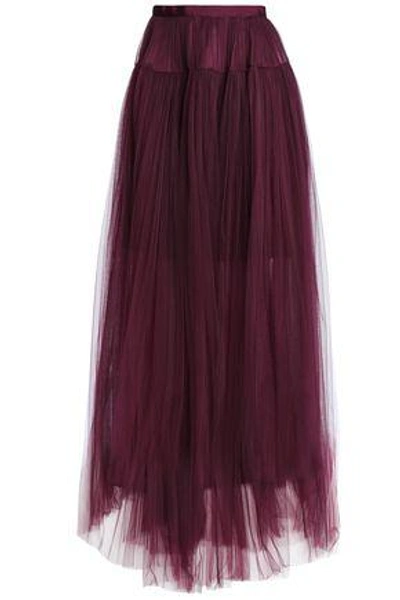 Shop Delpozo Woman Pleated Tulle Maxi Skirt Burgundy