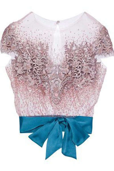 Shop Reem Acra Woman Convertible Satin-trimmed Embellished Tulle Top Blush