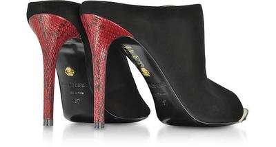 Shop Roberto Cavalli Shoes Black Suede Peep Toe Mules W/red Python Heel