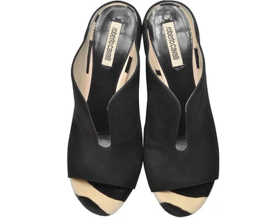 Shop Roberto Cavalli Shoes Black Suede Peep Toe Mules W/red Python Heel