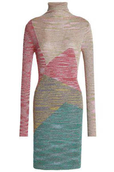 Shop Missoni Woman Color-block Metallic Ribbed-knit Turtleneck Mini Dress Mushroom