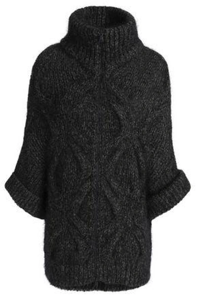 Shop Brunello Cucinelli Woman Cable-knit Wool-blend Turtleneck Cardigan Dark Gray