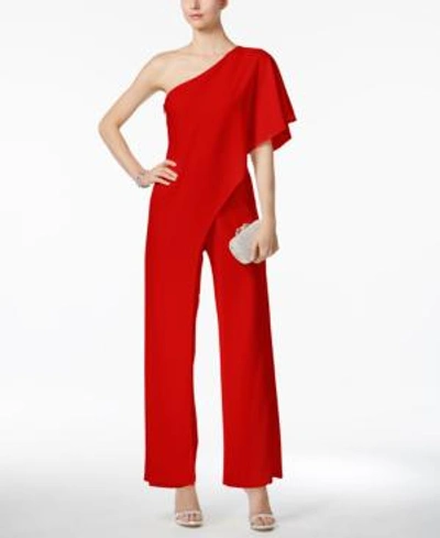 Shop Adrianna Papell Petite Draped One-shoulder Jumpsuit In Red