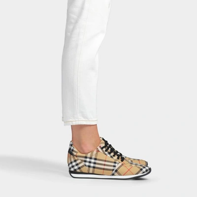 Shop Burberry | Amelia Check Running Trainers In Beige Leather