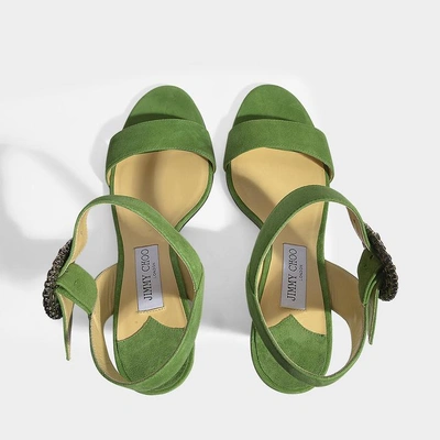 Shop Jimmy Choo | Mischa 85 Sandals In Green Suede Leather With Crystal Buckle