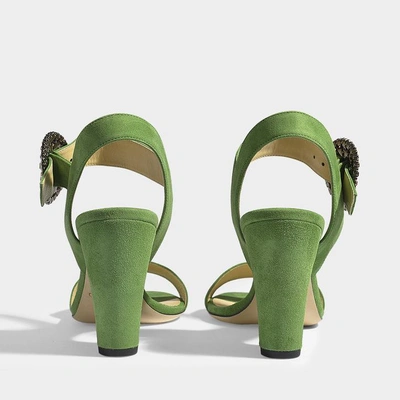 Shop Jimmy Choo | Mischa 85 Sandals In Green Suede Leather With Crystal Buckle