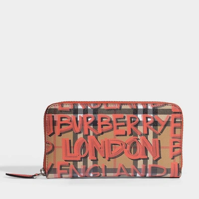 Shop Burberry | Zip Around Vintage Check Graffiti Wallet In Red Calfskin