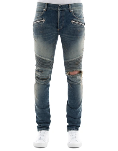 Shop Balmain Nervures 7 Pocket Ripped Jeans In Blue