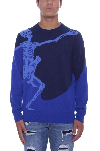 Shop Alexander Mcqueen Dancing Skeleton Colour Block Sweater In Blue