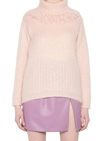 Shop Miu Miu Turtleneck Fringed Sweater In Pink