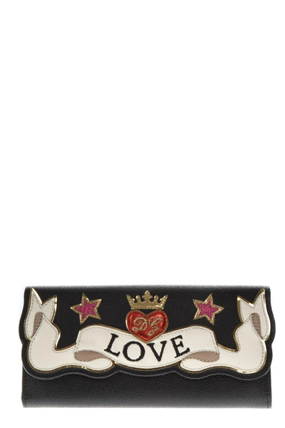 Shop Dolce & Gabbana Continental Wallet In Dauphine Calfskin With Embroidery Patch In Black