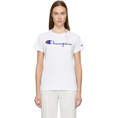 Shop Champion Reverse Weave White Logo T-shirt In Wht White