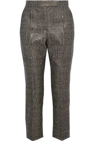 Shop Brunello Cucinelli Woman Sequin-embellished Wool-tweed Straight-leg Pants Brown