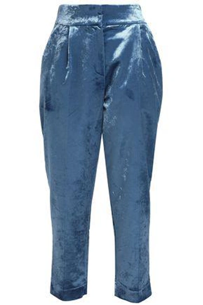 Shop Brunello Cucinelli Woman Cropped Cotton-blend Crushed-velvet Tapered Pants Blue