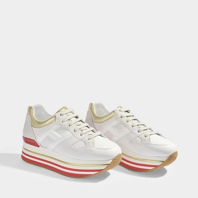 Shop Hogan | Maxi Platform Trainers With Heart In White, Gold And Red Smooth Calfskin