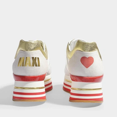 Shop Hogan | Maxi Platform Sneakers With Heart In White, Gold And Red Smooth Calfskin