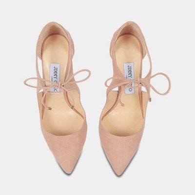 Shop Jimmy Choo | Vanessa 100 Suede Tie Up Pumps In Ballet Pink Suede And Nappa Leathers