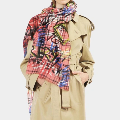 Burberry Graffiti Print Vintage Check Wool And Silk Scarf In Blossom Pink |  ModeSens