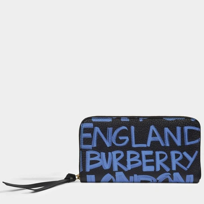 Shop Burberry | Elmore Graffiti Print Wallet In Blue And Black Graffiti Printed Leather