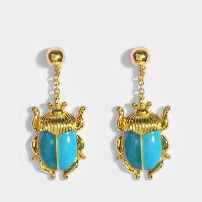 Shop Aurelie Bidermann | Elvira Scarab Earrings In Green And Blue Enamel And 18k Gold-plated Brass