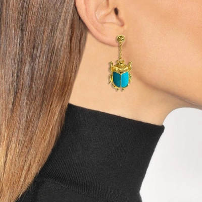 Shop Aurelie Bidermann | Elvira Scarab Earrings In Green And Blue Enamel And 18k Gold-plated Brass