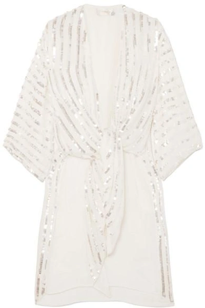 Shop Temperley London Neri Tie-front Sequin-embellished Crepe Kimono In Ivory