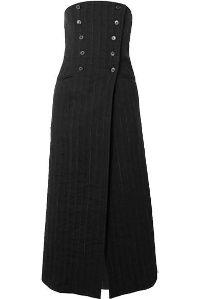 Shop Ann Demeulemeester Convertible Pinstriped Linen-blend Midi Skirt In Black