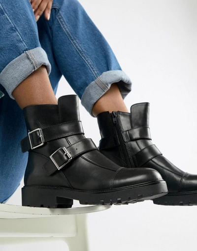 Shop Vagabond Kenova Black Leather Chunky Biker Boots