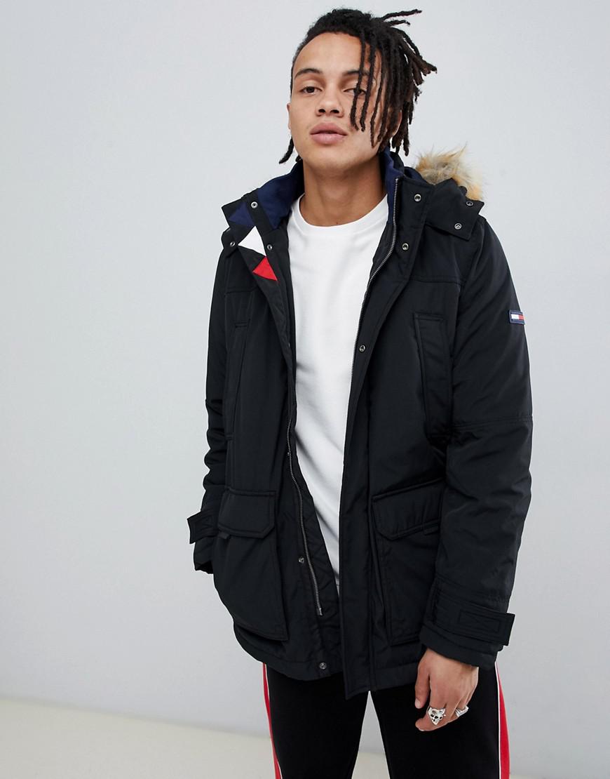 tommy jeans technical quilted bomber jacket faux fur trim hood in black