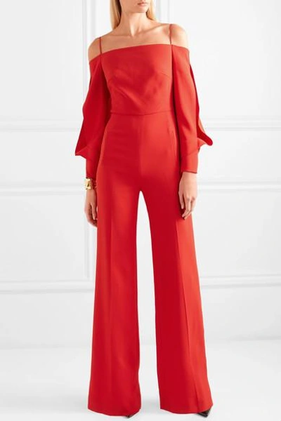 Shop Roland Mouret Marlow Cold-shoulder Crepe Jumpsuit In Crimson
