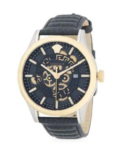 Shop Versace Men's Stainless Steel & Textured Leather-strap Watch In Grey