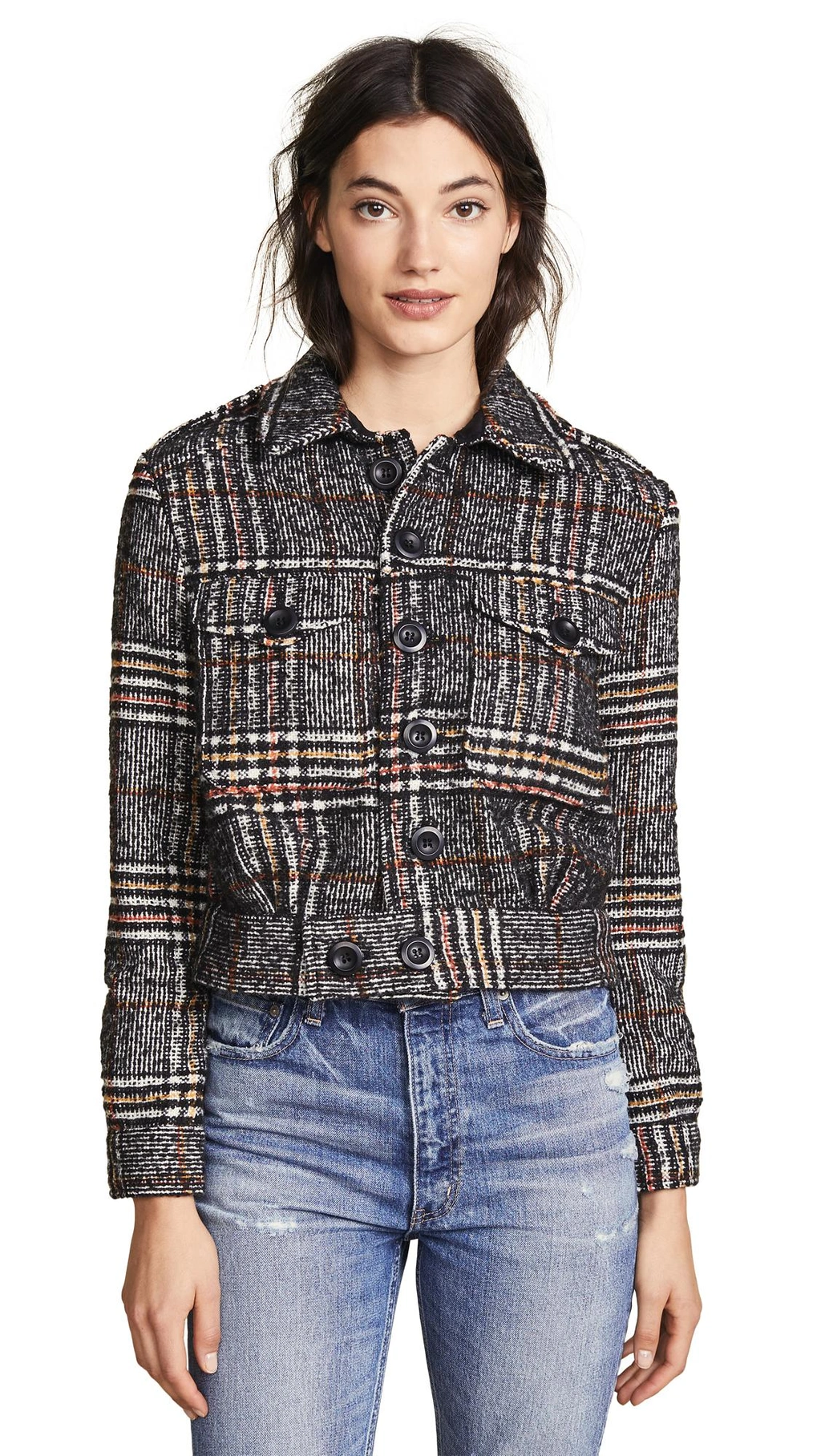Free People Checked Woven Eisenhower Jacket In Black Combo ModeSens