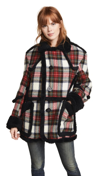 Shop R13 Plaid Coat With Sherpa Trim In Red/cream Plaid