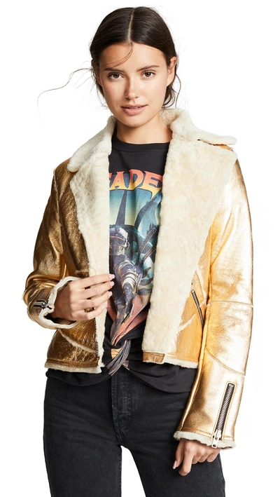 Shop Doma Metallic Leather Jacket In Gold