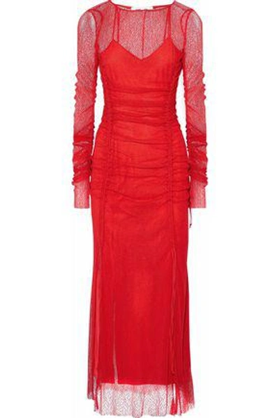 Shop Diane Von Furstenberg Woman Ruched Corded Lace Maxi Dress Tomato Red
