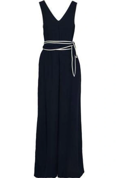 Shop Diane Von Furstenberg Woman Satin-trimmed Belted Crepe Jumpsuit Midnight Blue