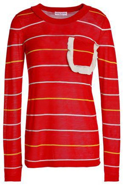 Shop Sonia Rykiel Woman Ruffle-trimmed Striped Cotton And Silk-blend Sweater Red